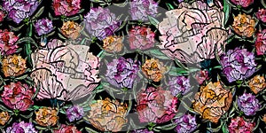 Hand drawn colorful vibrant spring flowers. Elegant seamless pattern background. Peony for your design. Watercolor