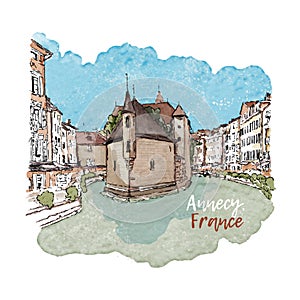 Hand drawn colorful watercolor sketch of city view of the Palais de l'Isle and Thiou river in old city of Annecy, Venice