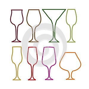Hand drawn colorful wine glasses silhouette background isolated on white for design, stock vector illustration