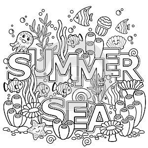 Hand drawn coloring book for adult. Summer holidays, party and rest. Coloring book for adults for meditation and relax. Summer sea