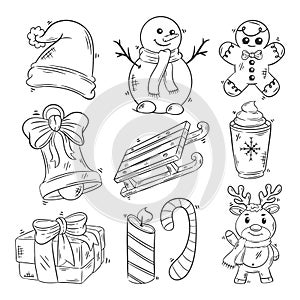 Hand drawn coloring Christmas elements items collection