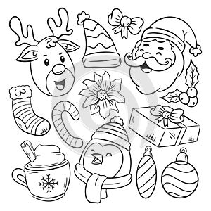 Hand drawn coloring Christmas elements items set of