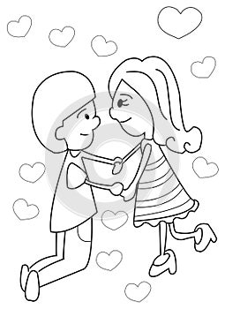 Hand drawn coloring page of a boy and girl holding hands