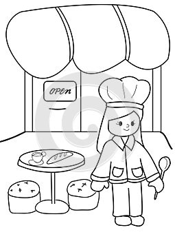 Hand drawn coloring page of a chef at her restaurant