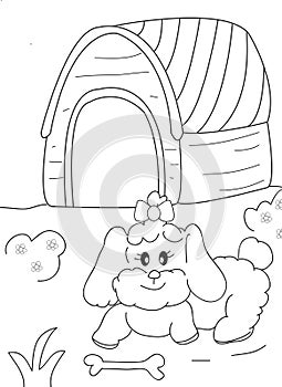 Hand drawn coloring page of a female dog, a bone and a doghouse photo