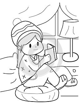 Hand drawn coloring page of a girl reading a book