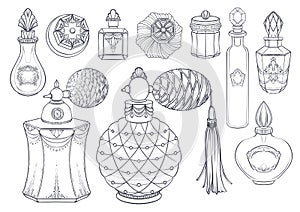 Hand drawn coloring page with set of vintage crystal jars and jeweled antique perfume bottles