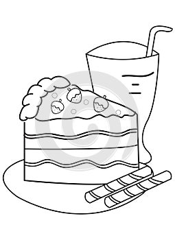 Hand drawn coloring page of a slice of cake and drink