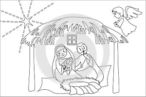 Hand drawn coloring pages for kids and adult. A Christmas nativity scene coloring cartoon