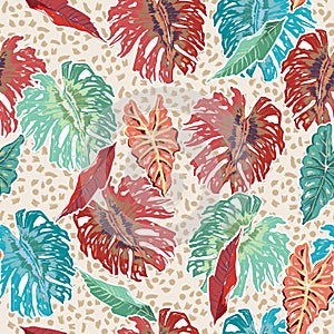 Hand drawn Colourful Exotic tropical plants and Monstera leaves on hand paint Brushed texture on light beige background ,Seamless