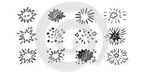 Hand-Drawn Comic Explosion Elements Set. Dynamic Cartoon Effects Collection. Isolated Vector Illustration