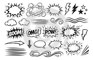 Hand drawn comic graphic elements set featuring speech bubbles, explosion effects, and speed lines for dynamic design