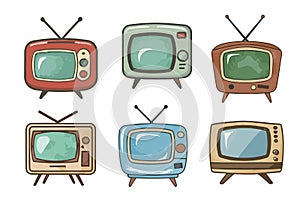 Hand drawn comic retro TV vector set isolated.