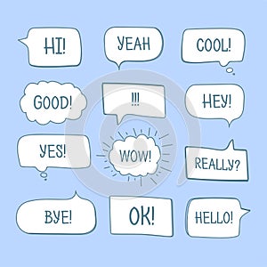 Hand drawn comic speech bubbles with message words vector collection.