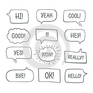 Hand drawn comic speech bubbles with message words vector collection.