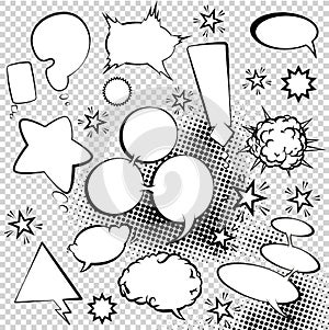 Hand drawn comic speech bubbles. Set of blank comic elements on halftone background. Funny design vector items