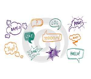 Hand Drawn Comic Speech Bubbles Thin Line Icon Set. Vector
