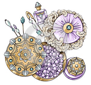 Hand drawn composition of illustrations of vintage jewelry crystal perfume bottle, powder box, puff and jeweled pins