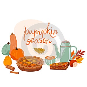 Hand drawn composition with lettering Pumpkin season and pumpkin pie, slice, cup, cinnamon bun, leaves. Autumnal still