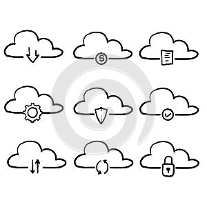 Hand drawn Computer cloud related line icons. Vector icon set. doodle style vector