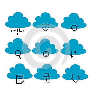 Hand drawn Computer cloud related line icons. Vector icon set. doodle style vector