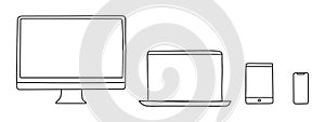 Hand-drawn computer, notebook, tablet and smartphone. Set of modern devices. Electronic gadgets. Vector illustration