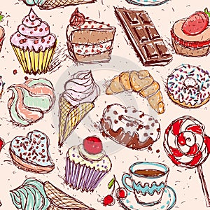 Hand drawn confectionery seamless pattern croissant Cupcake candy marshmallow ice cream cake donut and coffee.