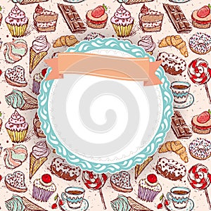 Hand drawn confectionery seamless pattern croissant Cupcake candy marshmallow ice cream cake donut and coffee. doodle frame