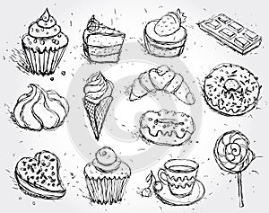 Hand drawn confectionery set croissant Cupcake candy marshmallow ice cream cake donut and coffee.