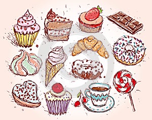 Hand drawn confectionery set croissant Cupcake candy marshmallow ice cream cake donut and coffee.