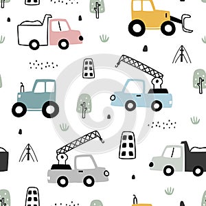 Hand drawn construction vehicles baby seamless pattern vector with tractor and truck on white background Cute design, cartoon