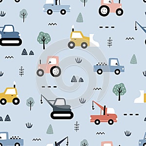 Hand-drawn construction vehicles seamless pattern vector have a tractor with the tree on gray background