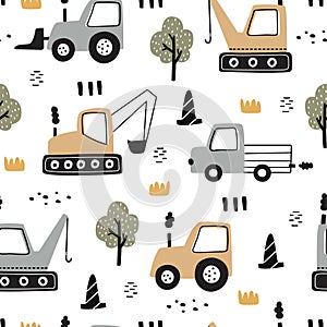 Hand-drawn construction vehicles seamless pattern vector have a tractor with the tree on white background