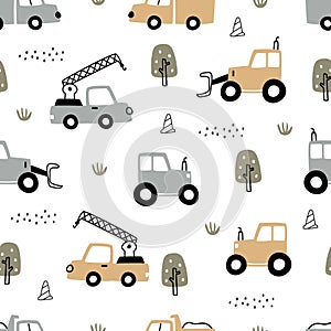 Hand-drawn construction vehicles seamless pattern vector have a tractor with the tree on white background