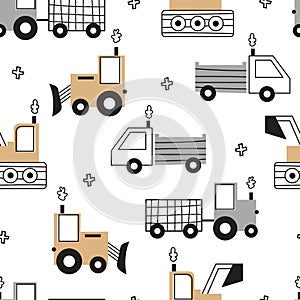 Hand drawn construction vehicles tractor seamless pattern on white background Cute design cartoon style.