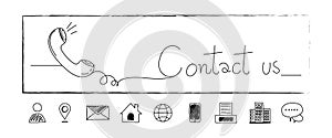 Hand drawn contact icons. address,fax,phone,email,location,mail,website. Line doodle. Contact us. Art and sketch design.