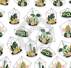 Hand drawn contained tropical house plants. Scandinavian style vector seamless pattern.