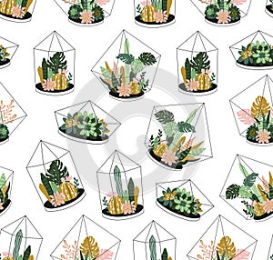 Hand drawn contained tropical house plants. Scandinavian style vector seamless pattern. photo