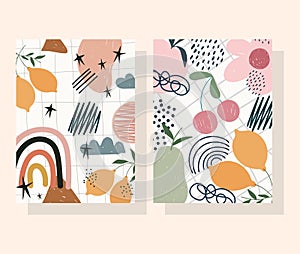 Hand drawn contemporary, flower fruits decoration trendy print collage color banners