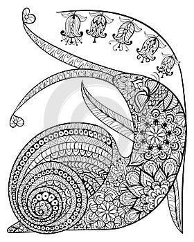 Hand drawn contented Snail and flower for adult anti stress Colo