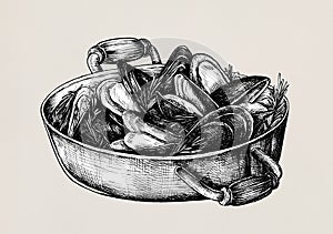 Hand drawn cooked mussels style vintage