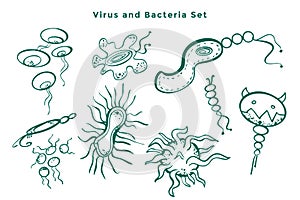 Hand drawn corona virus bacteria and germs set