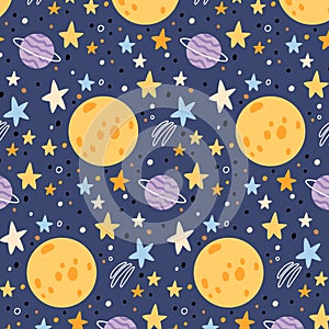 Hand drawn cosmos pattern. Cute planets, stars and comets abstract patterns. Perfect for kids fabric, textile, nursery