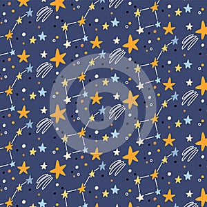 Hand drawn cosmos pattern. Cute stars and comets abstract patterns. Perfect for kids fabric, textile, nursery wallpaper.