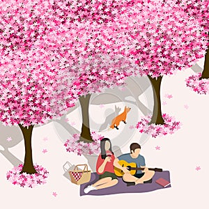 Hand drawn couple having a picnic under blooming pink sakura trees, hanami concept,