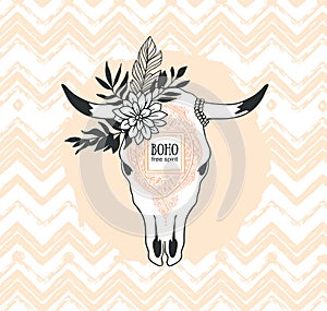 Hand drawn cow skull with ornament, flower and leaves on the zig zag background. Bohemian design vector illustration.