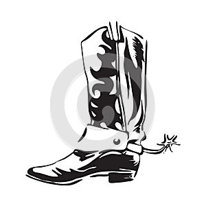 Hand drawn cowboy boot with spur. Wild west leather footwear vector illustration. Black isolated on white background photo