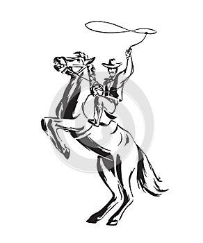 Hand drawn cowboy with lasso on rearing horse. Rodeo vector illustration. Black isolated on white background