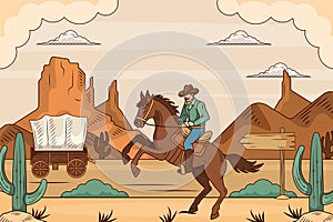 Hand drawn cowboy riding a horse with wild west landscape background