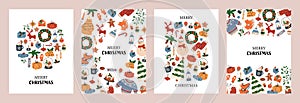Hand drawn cozy collection invitation greeting cards and posters of Christmas and New Year items